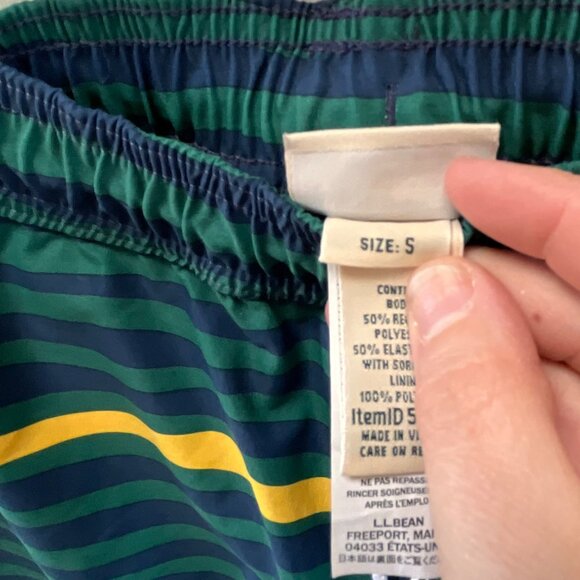 L.L. Bean Striped Swim Trunks S Green Yellow Recycled Polyester Elastic Waist - Picture 3 of 7